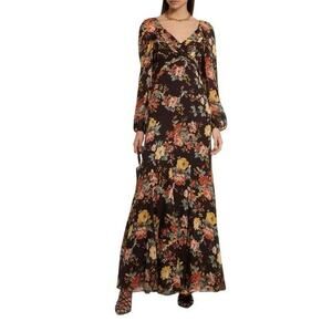 NWT Veronica‎ Beard Women 4 Floral 100% Silk Long Sleeve Long Dress Brown Pink